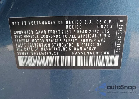 2019 Volkswagen Jetta 1.4T Sel z USA, uszkodzony, nr VIN 3VWE57BU2KM089521